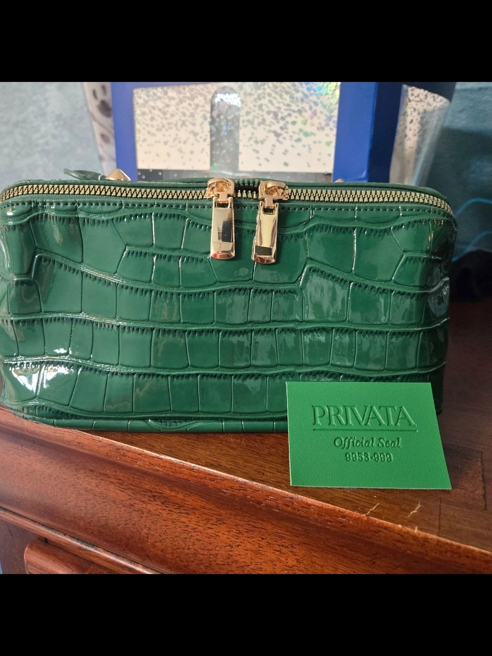 Green Croc-Embossed Cosmetic Bag with Gold Hardware